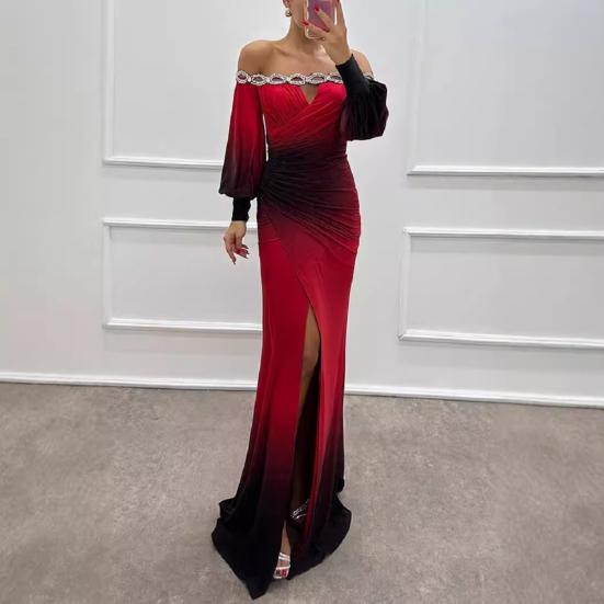 Женское вечернее платье с открытыми плечами, ажурное свадебное платье со стразами, обтягивающее плиссированное выпускное платье макси с длинными рукавами-фонариками и разрезом по низу, бальное платье