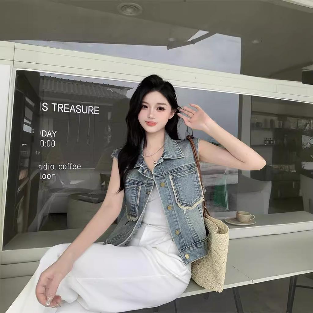 Fashion Raw Edge Denim Vest Jacket Women's Spring Summer Sleeveless Vest Shoulder Waistcoat