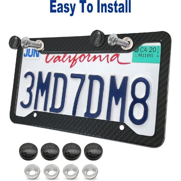 BGGTMO Carbon Fiber License Plate Frames- 2 Pack Black Aluminum Printed Carbon Patterns Car Tag Cover For Front & Rear, 4 Hole Heavy Duty Universal