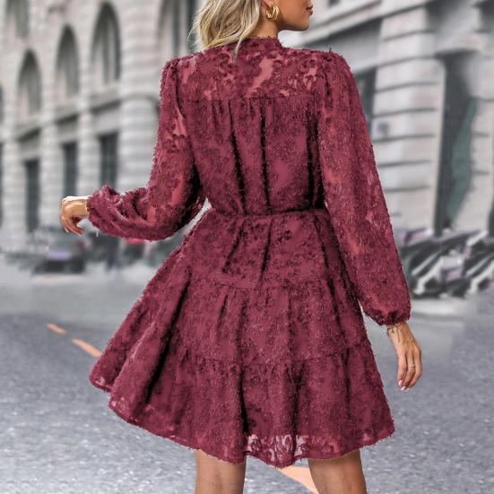 Fall Spring Women Dress Round Neck Lace Applique Long Sleeves Button-down Lace-up Strap Slim Waist A-line Big Hem Dating Party Midi Dress