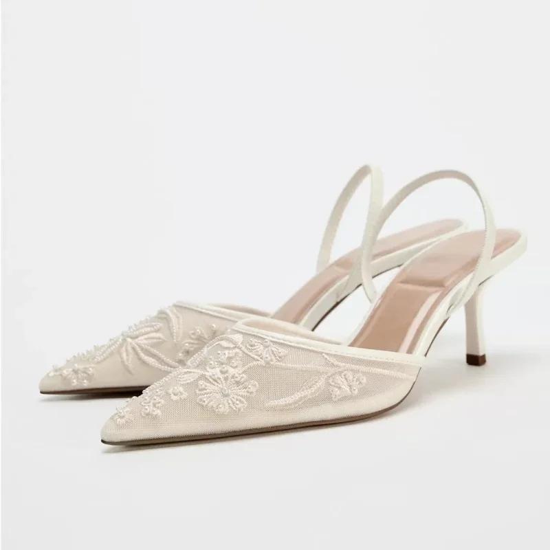 Брендовые дизайнерские белые женские свадебные туфли-лодочки с сетчатой вышивкой и цветами на ремешке сзади, сексуальные туфли на высоком каблуке для женщин