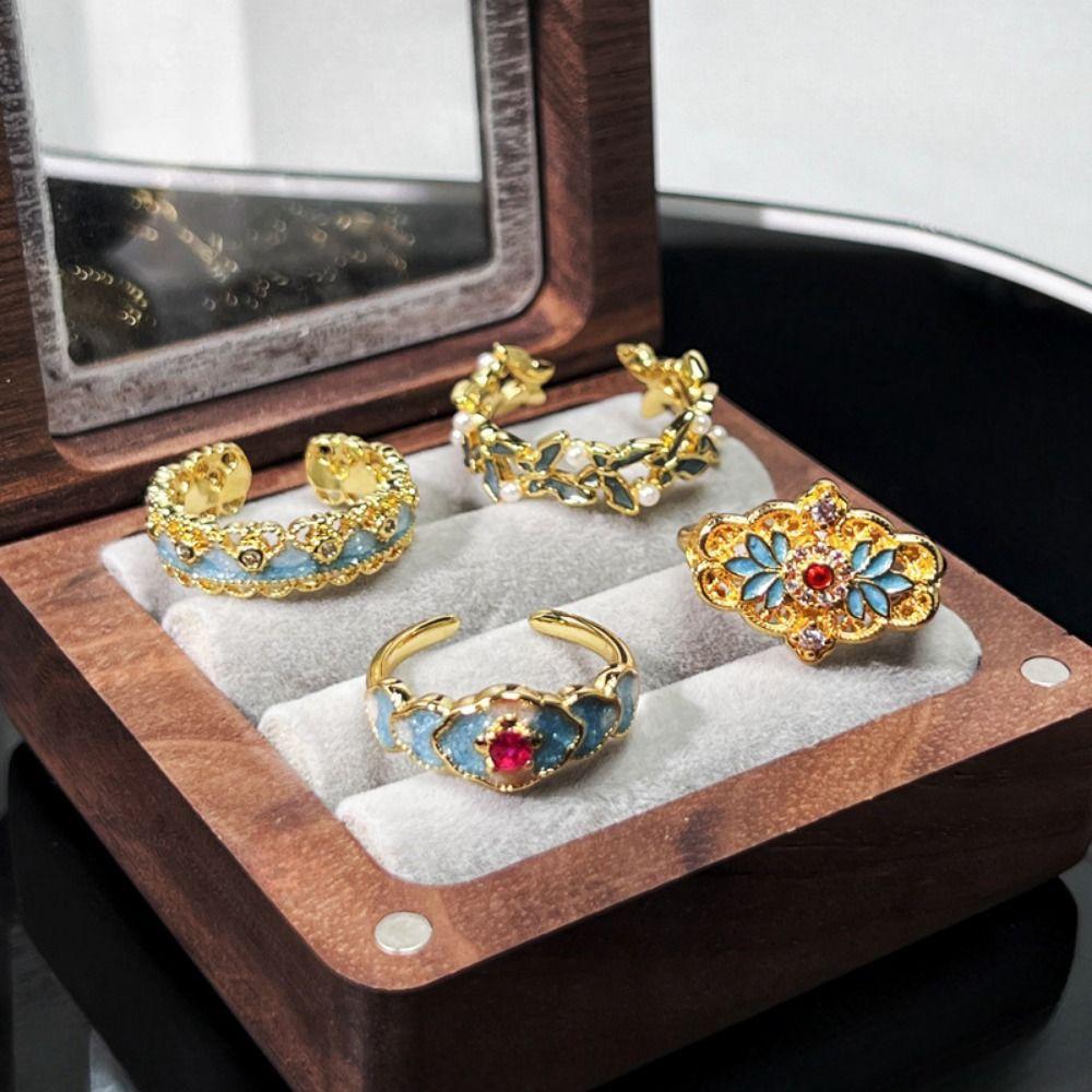 Кольцо с эмалью в китайском стиле, изысканные металлические открытые кольца, модные китайские винтажные кольца для женщин