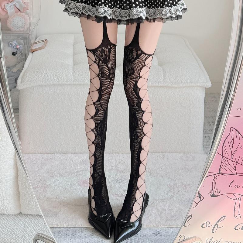Sexy Hot Girl Rose Black Female Pattern Thin Pure Desire Wind Even Pants Trend Side Hollow Fishing Net Stockings