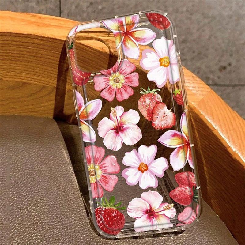 Floral & Strawberries Pattern Transparent Phone Case For iPhone 16 16e 14 13 15 Pro Max 11 12 Pro Mini 7 8 Plus Soft TPU Cover