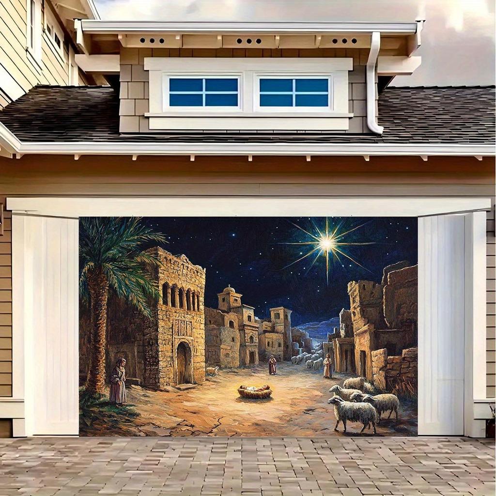 1 Christmas night scene starry sky Shepherd and Livestock stable theme background fabric - Durable polyester, birthday