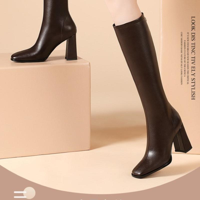 Модные элегантные сапоги AJGS до колена для женщин 2024 года, высокие сапоги на молнии сзади и квадратном каблуке, черные сапоги для женщин