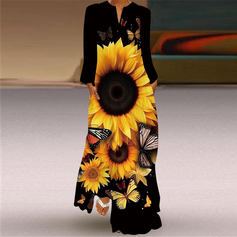 Весна Лето Женские Длинные Платья V-образный вырез Длинный рукав Карман Печатный Свободные Платья