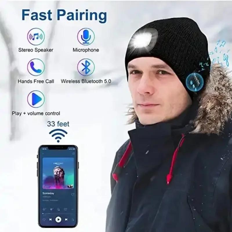 Wireless Bluetooth Earphones LED Light Cap Outdoor Night Running Lighting Red and Blue Flashing Warning Light Bluetooth Cap