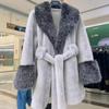 Slim Long Large Fur Collar Faux Fox Women Coat Winter Luxury Imitation Mink Fur Jacket Waist Belt Plush Furry Overcoat