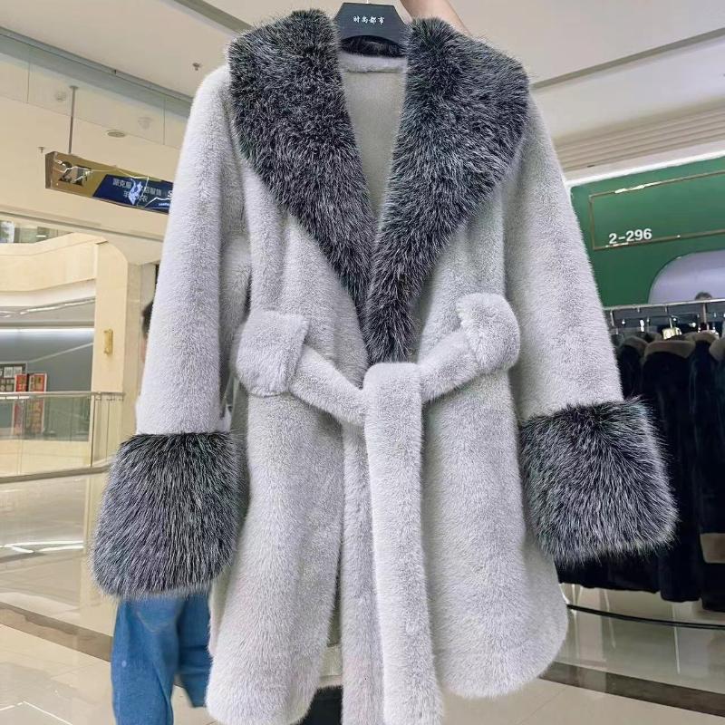 Slim Long Large Fur Collar Faux Fox Women Coat Winter Luxury Imitation Mink Fur Jacket Waist Belt Plush Furry Overcoat
