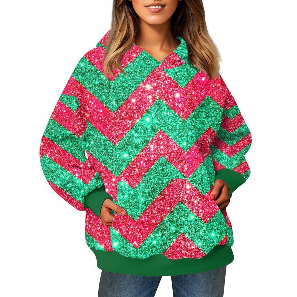 Ladies' Fashionable Long Sleeved Pullover With Christmas Print Hooded Pocket Sweatshirt