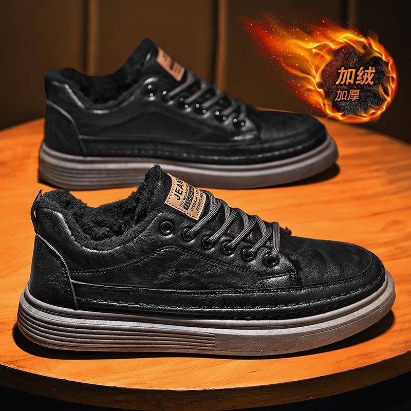 Мужская обувь Зимние бархатные теплые повседневные кожаные туфли на одной педали Кухонные водонепроницаемые и нескользящие черные туфли на плоской подошве Рабочие хлопковые туфли