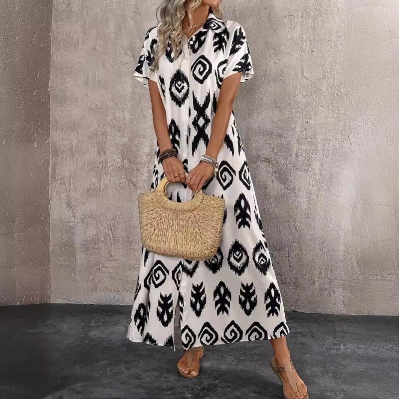 Летнее элегантное женское платье с разрезом и геометрическим принтом, длинное платье-рубашка
