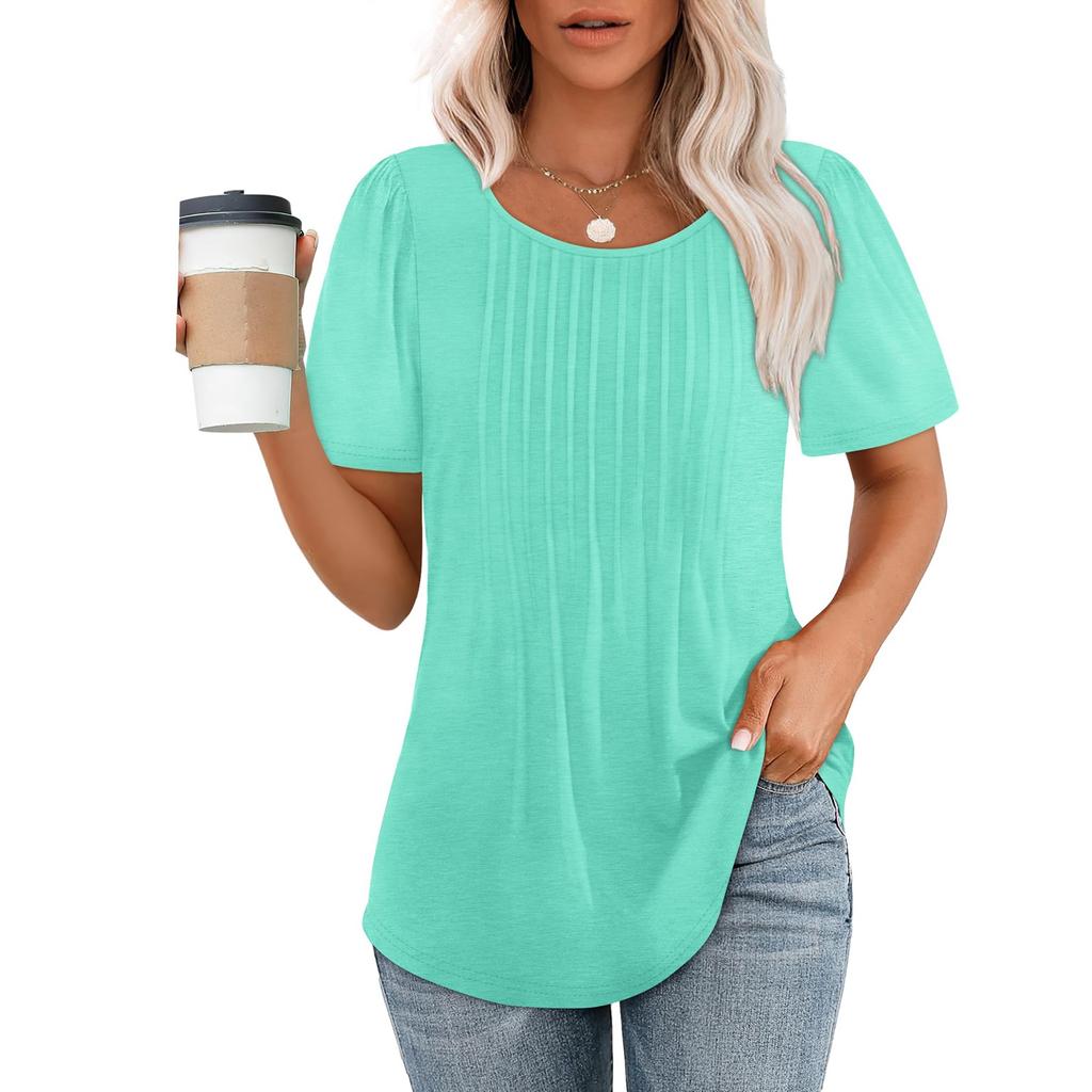 Женская милая футболка с круглым вырезом и короткими рукавами, плиссированная нарядная повседневная футболка с круглым вырезом, топы
