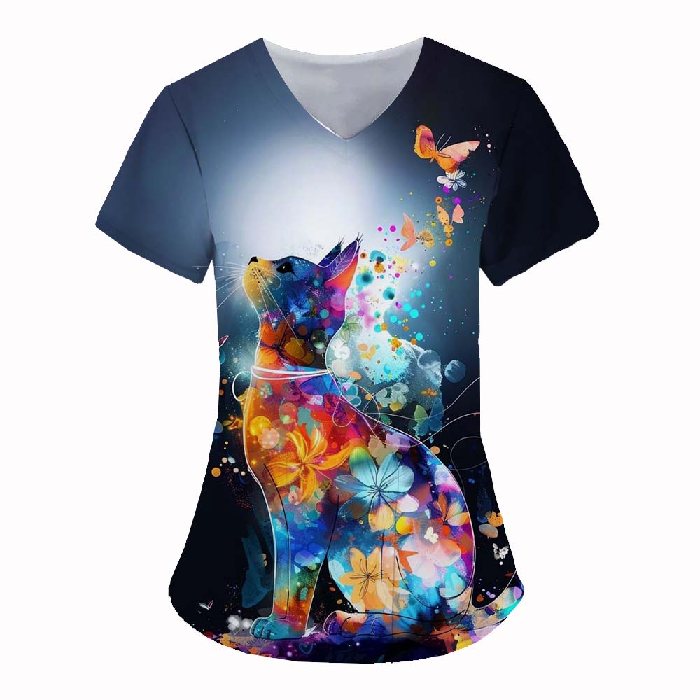 Medical Uniform for Women Cute Cat 3D Print V-Neck Clinical Uniform Short Sleeve Patch Pocket Tops Surgical Women's Uniforms