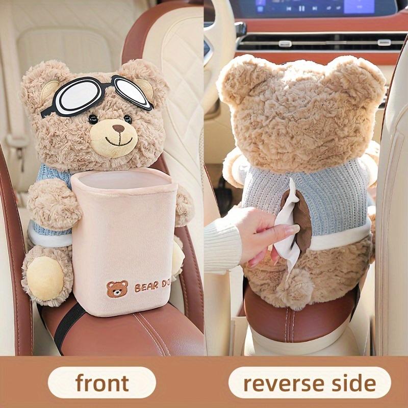 1Pc Cute Teddy Bear Car Tissue Holder & Trash Can 2-In-1 Organizer - Universal Car Armrest Storage Rack With Goggles Car Trash