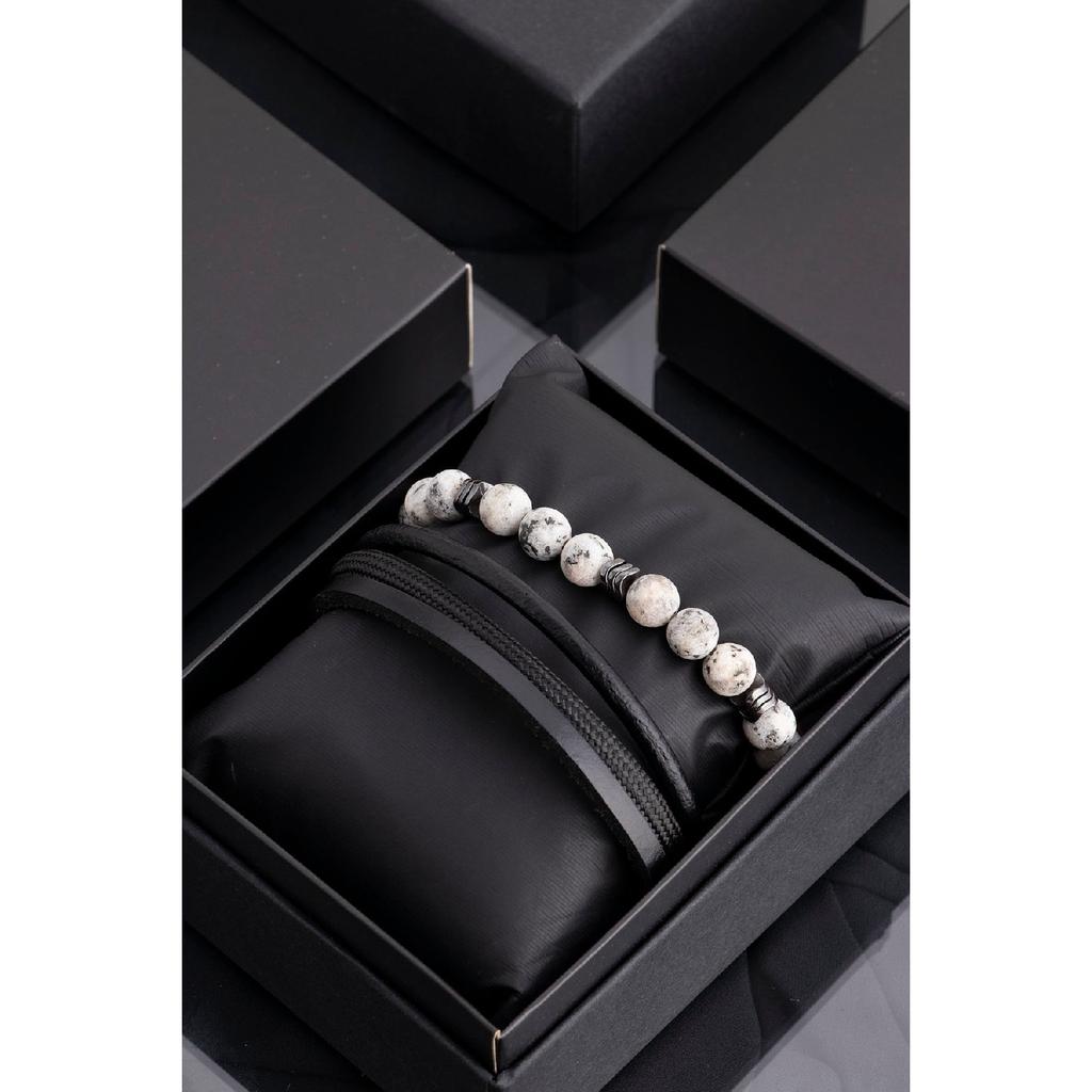 Мужской комбинированный браслет из черной натуральной кожи и гематита из натурального камня 001