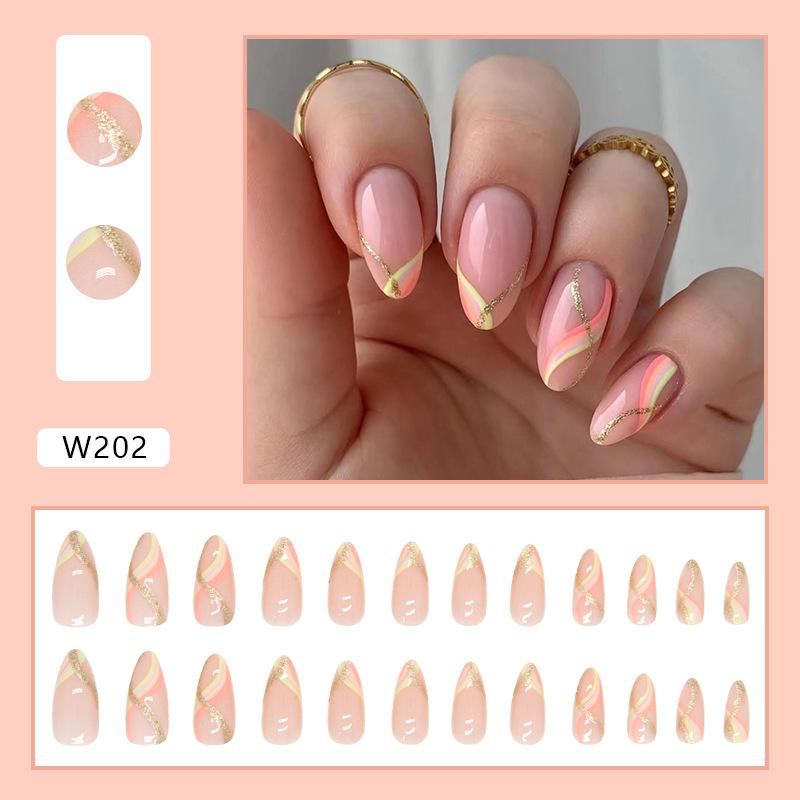 W202 Gold Glitter Stripe Glue On Almond Nails Fresh Minimalist Ins European For Ladies Non Special Cosmetics
