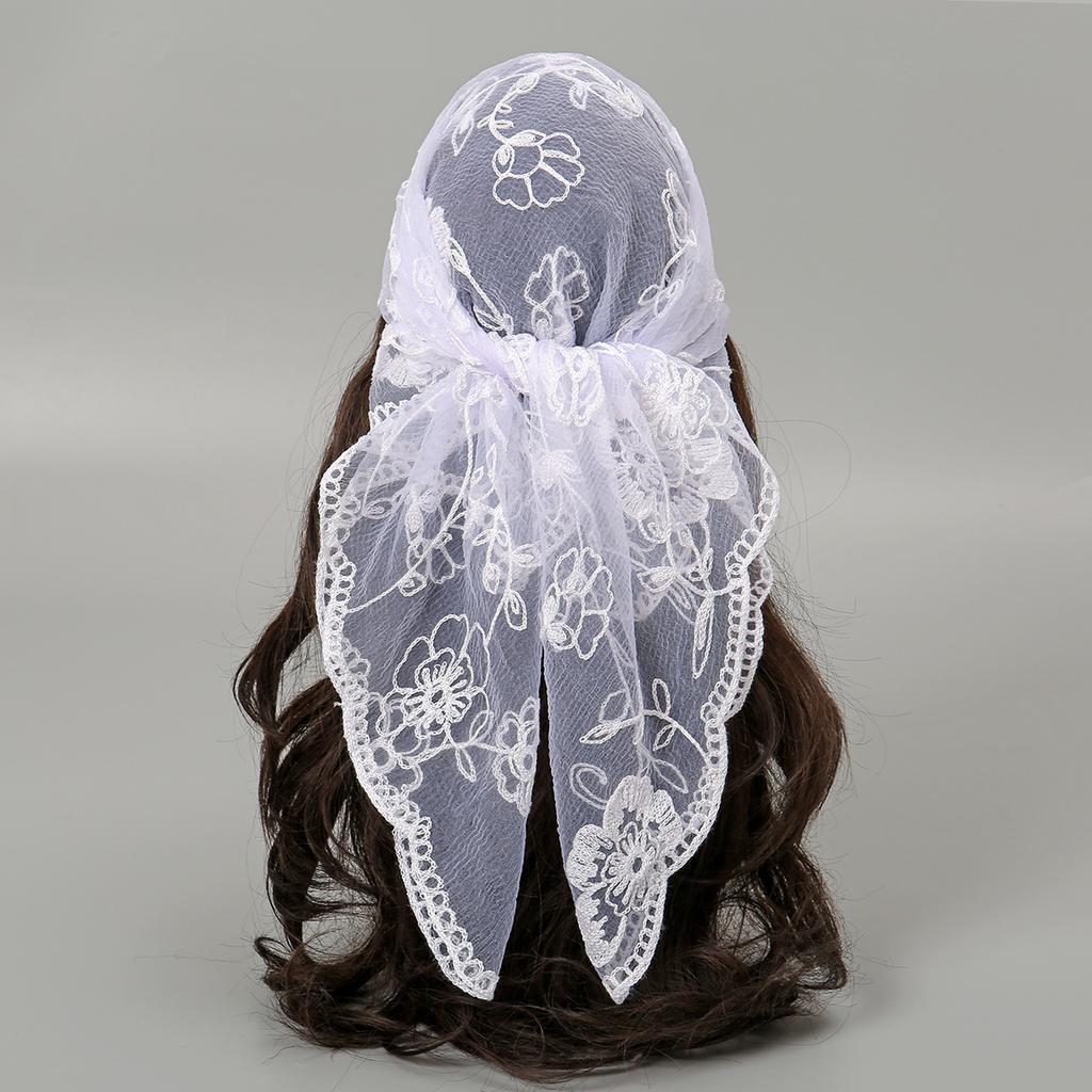 80*80 cm Lace Square Scarf Bandanas Style Rock Embroidery Floral Headband Net Breathable Hijab Headscarf Wraps Muslim Woman Veil