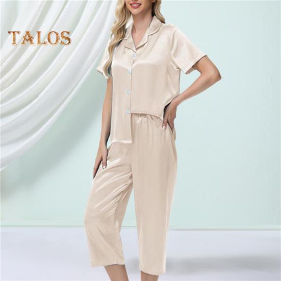 2 шт./комплект пижамы Ice Silk, рубашка с длинным рукавом и застежкой на пуговицы, эластичный пояс, широкие укороченные брюки, домашняя одежда, повседневный наряд, весенняя одежда для сна