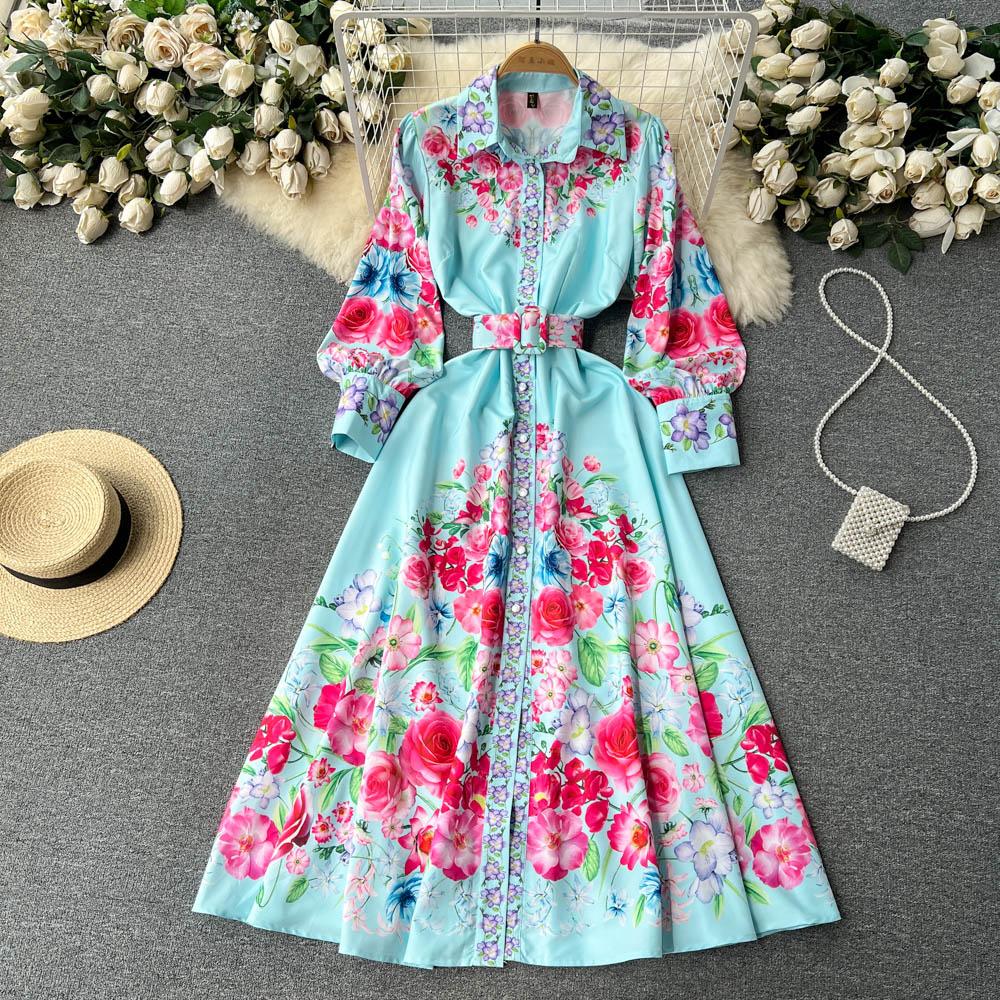 Весенне-осеннее платье-рубашка с длинными рукавами с лацканами и принтом, женское французское однобортное винтажное праздничное пляжное платье