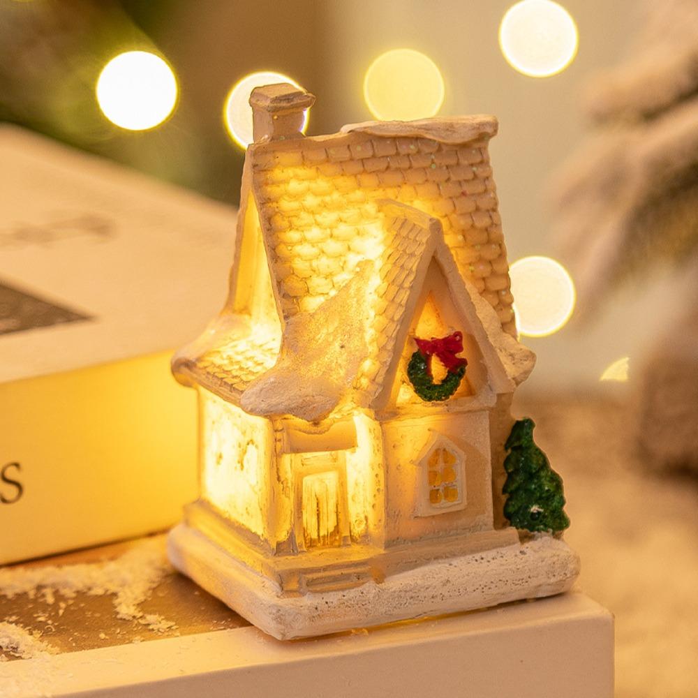 White LED Light Snow House Resin Xmas House Ornament  New Year Decoration