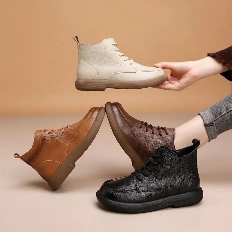 Vintage Genuine Leather Headlayer Cow Leather Fleece-Lined Flat Bottom Short Boots For Adults Retro Style Winter Season