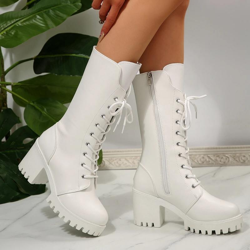 Модные высокие ботинки на платформе и блочном каблуке для невысоких женщин, осенне-зимняя новинка 2025 года, ботинки рыцаря на шнуровке