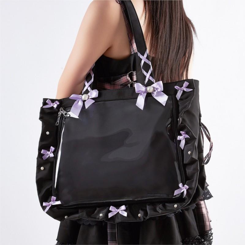 Japanese Ruffled Ribbon Bow Ita Bag Women Sweet Cute Multifunctional Clear Shoulder Purse Ladies Anime Badge Spacious Tote Bag