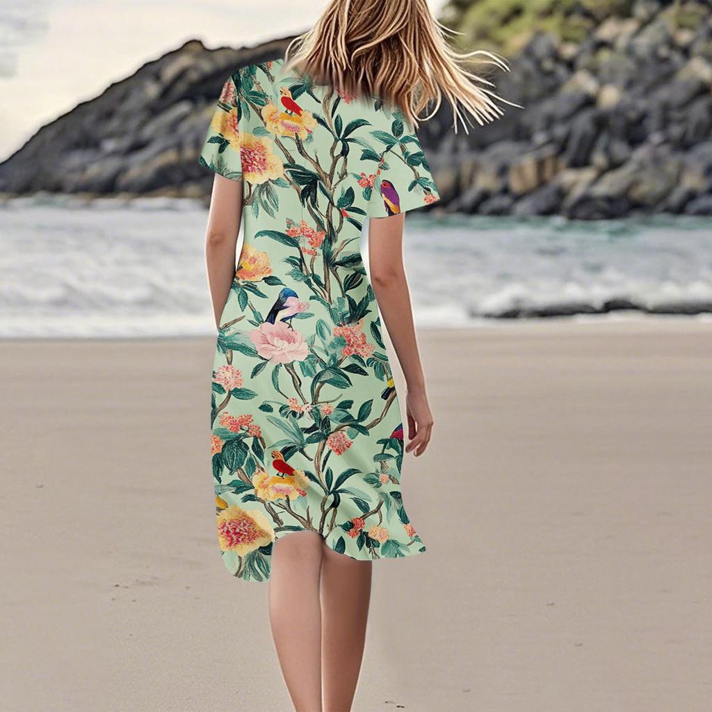 Women's Summer Casual Fashion Flower Print Dress V Neck Short Sleeve Short Skirt