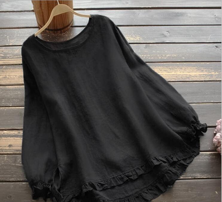 Cotton Linen Blouse With Ruffle Hem And Loose Fit For Casual Women