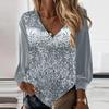 Осень-весна женский топ с блестящими пайетками и v-образным вырезом с длинными рукавами в стиле пэчворк, свободный пуловер, мягкий дышащий средней длины, женская рубашка, блузка