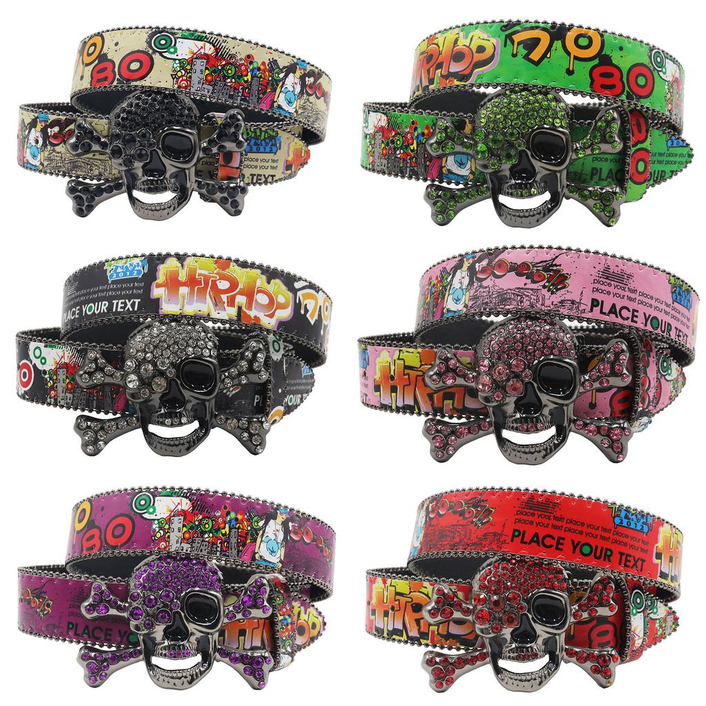 Новый ремень с граффити в виде черепа с бриллиантами, повседневный, универсальный, индивидуальный, украшенный стразами, европейский и американский, универсальный