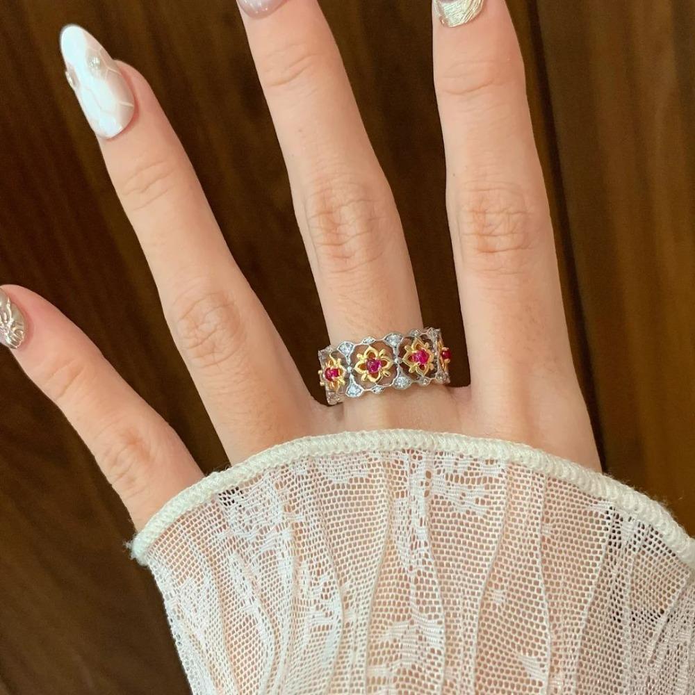 Italian Lace Ruby Ring Chinese Baoxiang Flower Motif Red Coraline Stackable Ring for Women