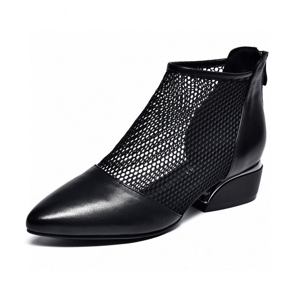 Pointed Women's Shoes 2025 Spring New European and American Style Black First-layer Cowhide Mesh Single Shoes Rear Zipper Women's Fashion Shoes