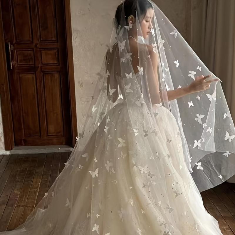 1шт длинный шлейф тяжелый жемчуг невеста роскошный свадебный головной убор свадебная фата 3D вышивка бабочка фата очень длинная