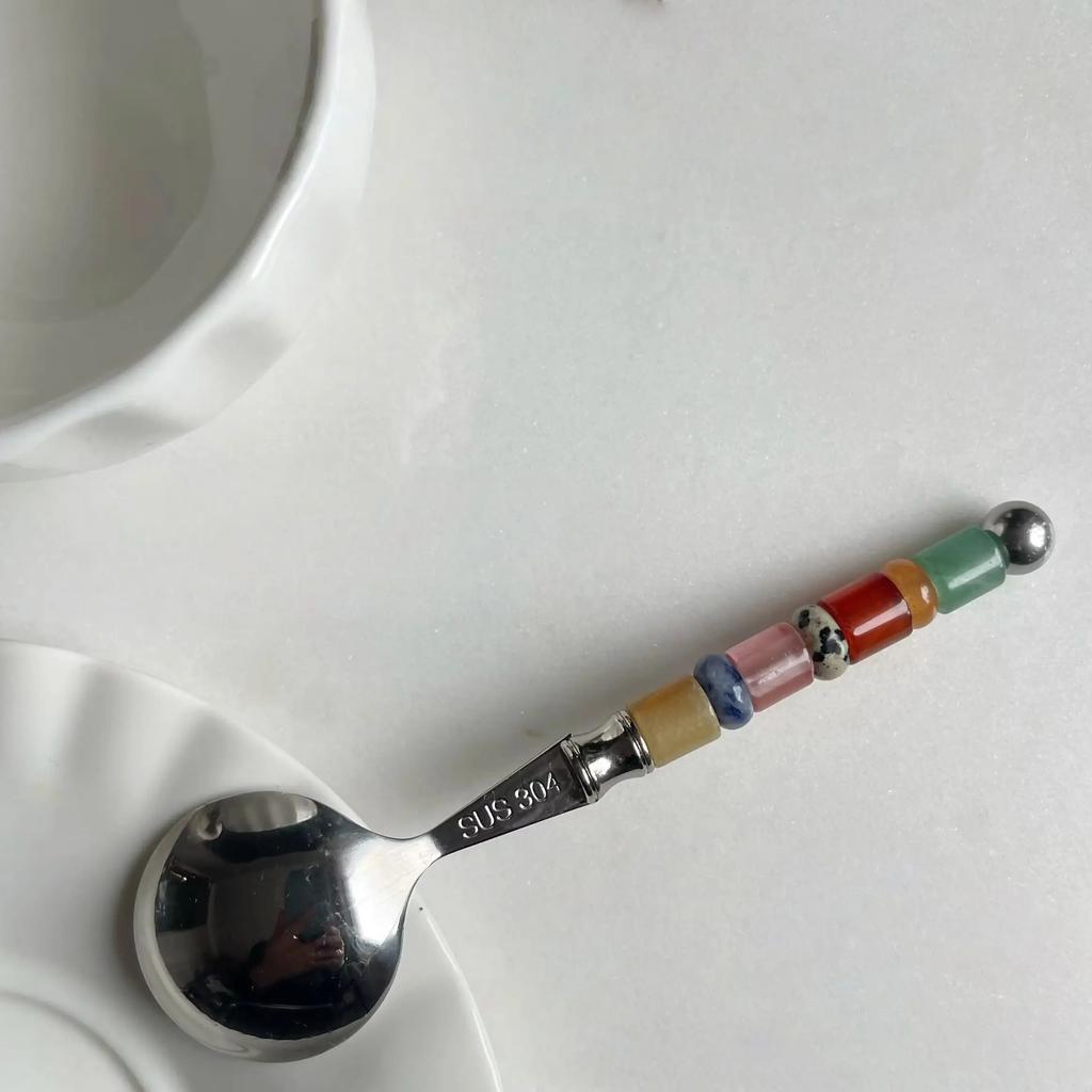Винтажная Кофейная Ложка из Нержавеющей Стали с Ручкой из Цветных Натуральных Камней во Французском Стиле, Ручная Работа, Десертная Чайная Ложка, Эстетичная Cu