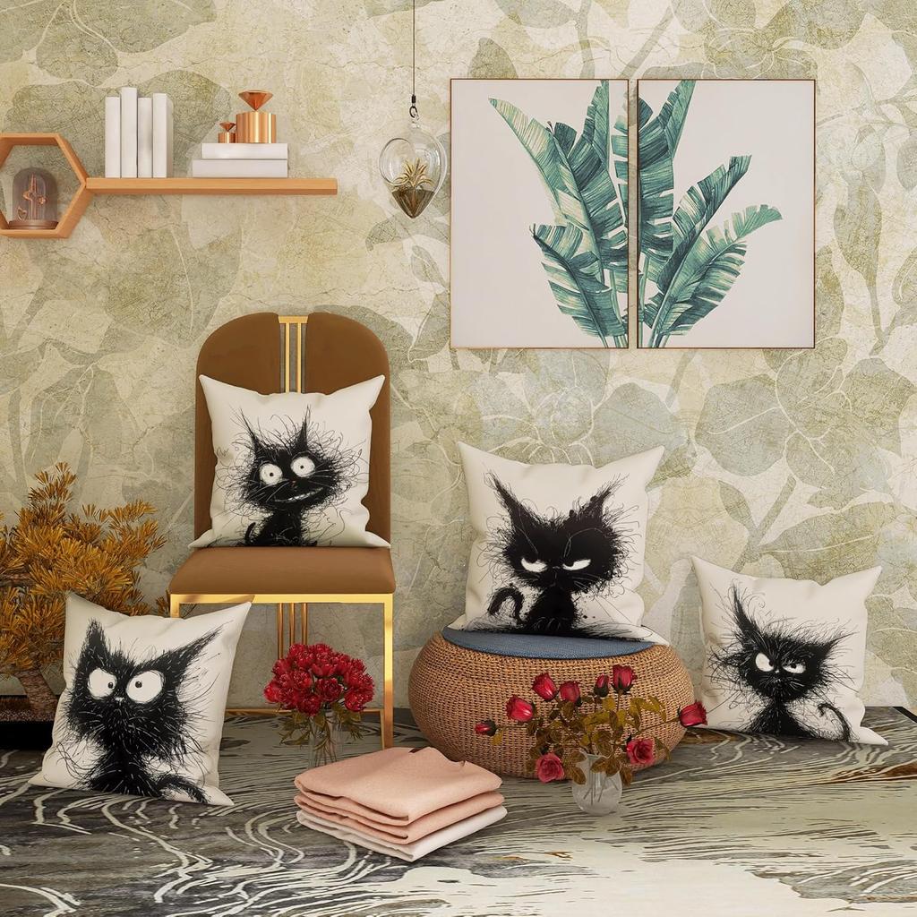 Funny Black Cat Throw Pillow Covers 18x18 Set of 4, Cartoon Gothic Pet Pillow Cases Kit with Zipper, Fun Kids Goth Cat Pillows for Cat Lovers Velvet