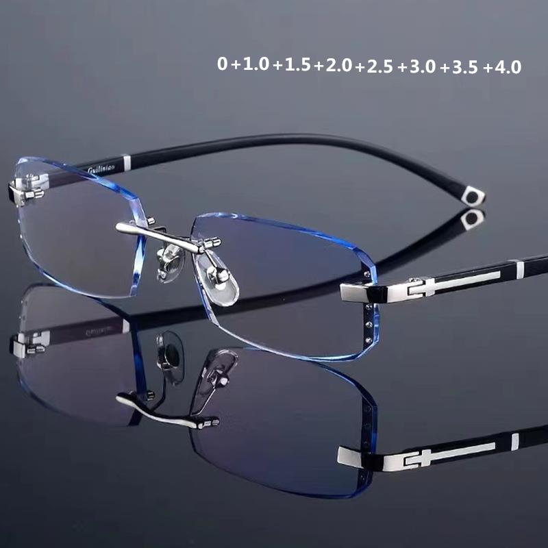 Rimless Reading Glasses Men Cut Edge Anti-fatigue and Anti-blue Light Clear Lenses Presbyopic Glasses Men