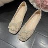 Single Shoes Women's Autumn New Temperament Light Mouth Square Head Pearl Square Buckle Gentle Flat Shoes Women
