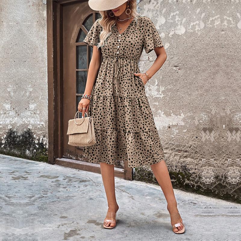 Летнее женское платье с коротким рукавом и леопардовым принтом, V-образный вырез, длиной до колена