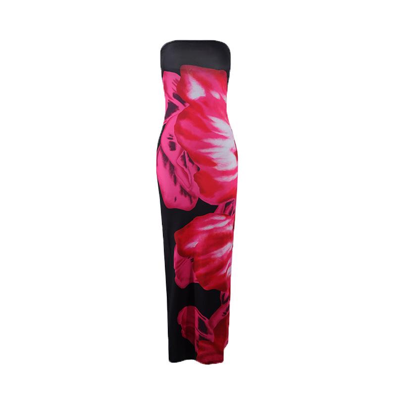 European & American Style Sexy Slim Fit Strapless Printed Long Dress with Side Slit for Women