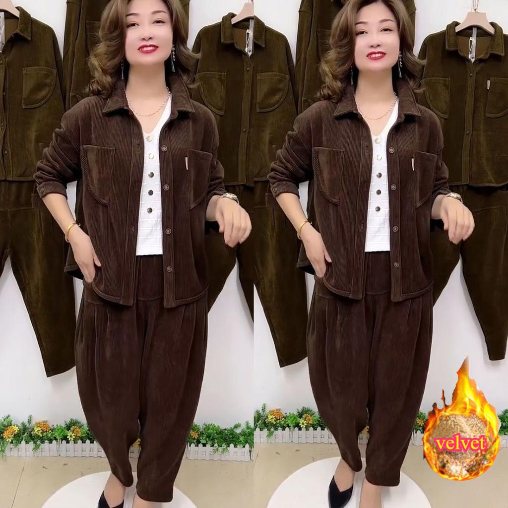 Женский осенне-зимний теплый вельветовый костюм-двойка - модный повседневный пиджак с лацканами и длинными рукавами и брюки-шаровары на вельветовой подкладке