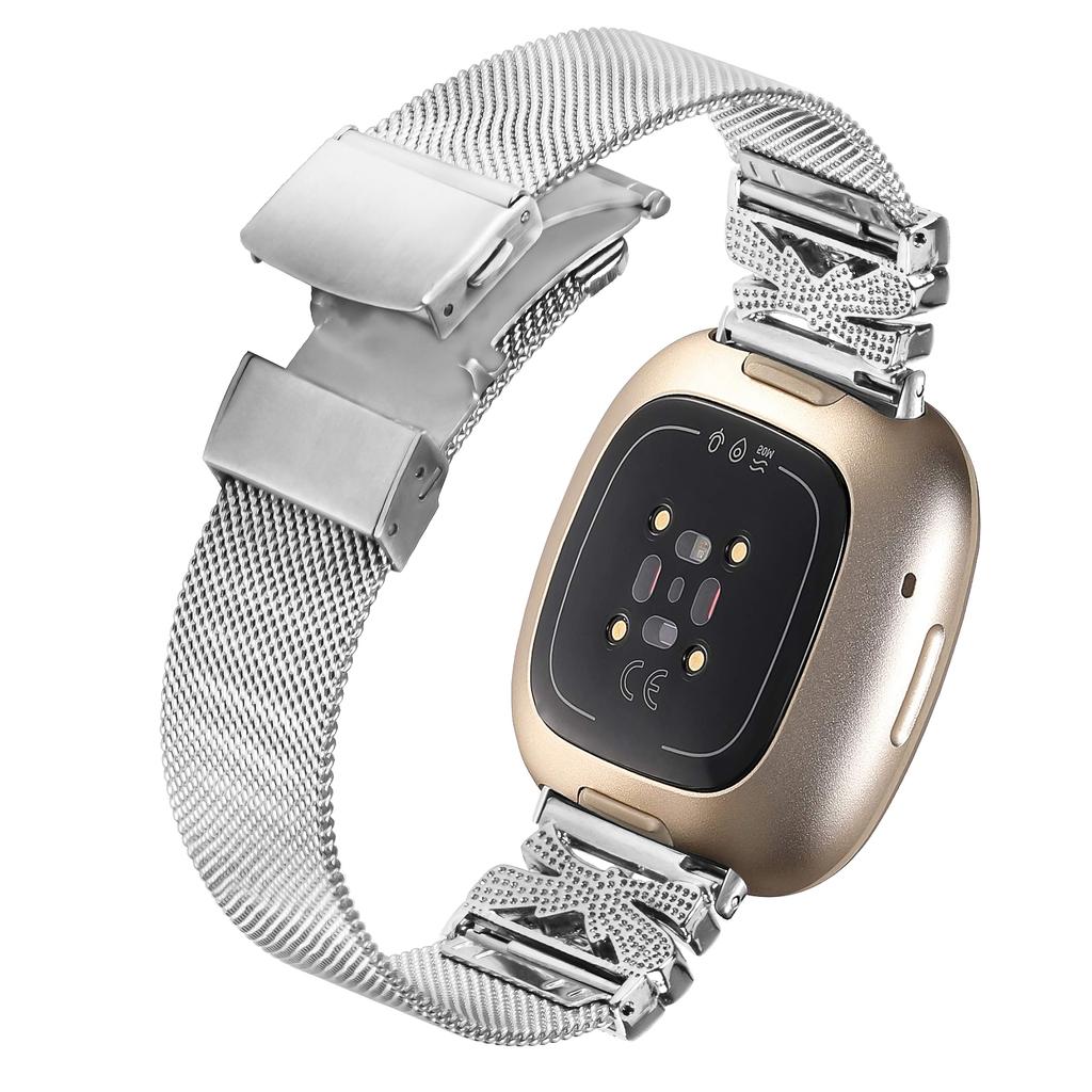 Watch Strap for Fitbit Versa 4/Sense 2 Stainless Steel Milanese Band with Rhinestone Decor
