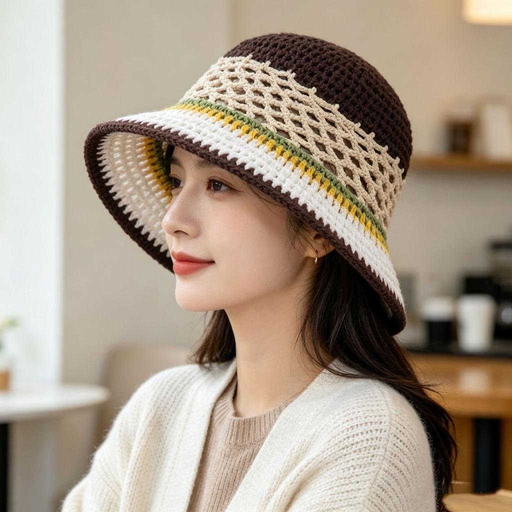 Hand Crochet Color Block Bucket Hat Hollow Mesh Knit Cap Adult Retro Hat