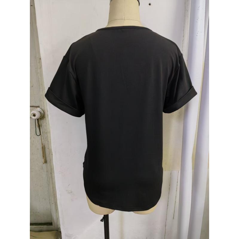 Womens Black V Notch Neck Short Sleeve T Shirt Casual Loose Fit With Single Button Decor