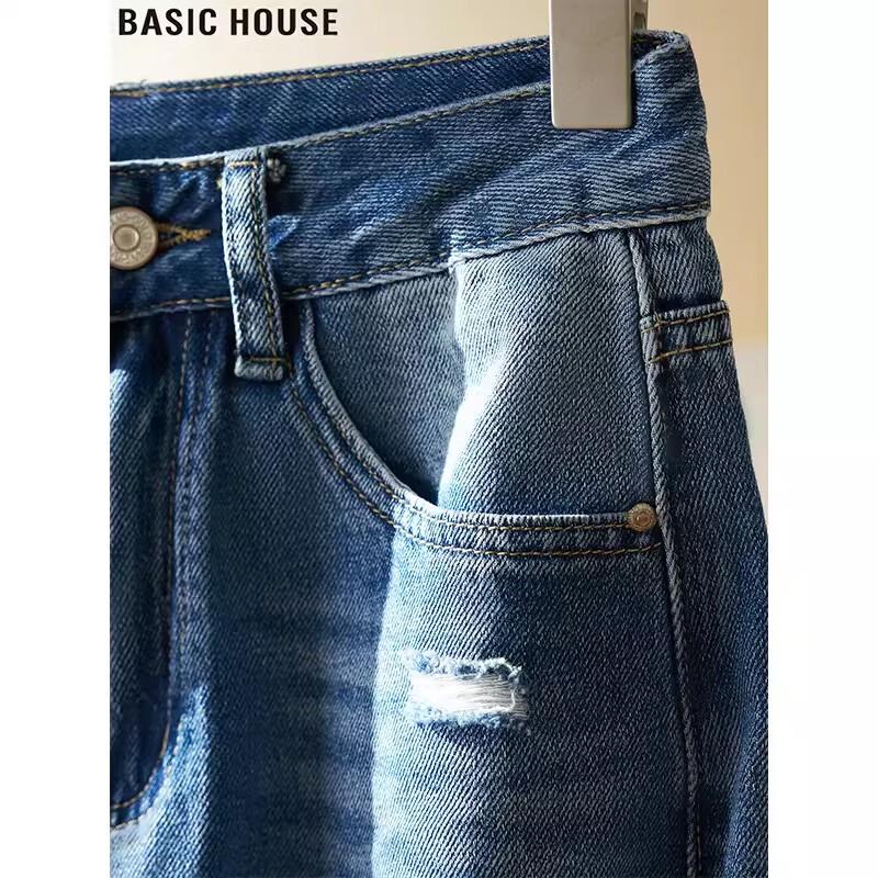 Базовые женские рваные джинсовые шорты прямого кроя Basic House