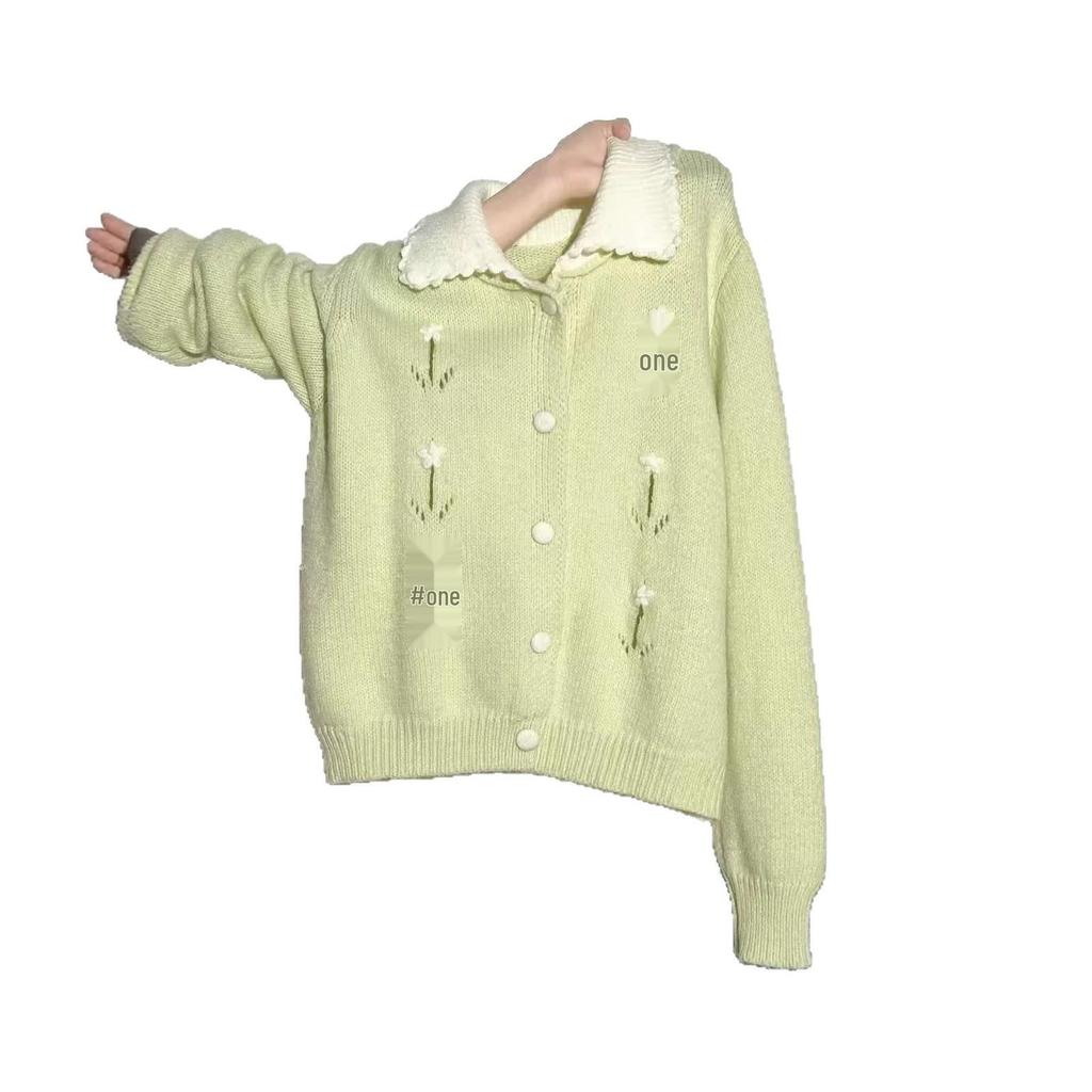 Korean Embroidered Flower Knit Cardigan: Color Block, Doll Collar, Soft, Versatile, Loose Fit - Perfect for Autumn/Winter.
