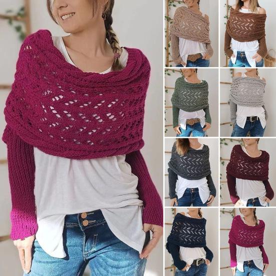 Sleeved Shawl Scarf Solid Color Hollow Twist Women Bohemian Style Wrap Braided Cable Scarf Winter Wear