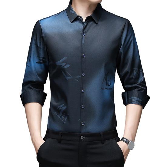 Мужская повседневная рубашка, весенне-осенняя однобортная рубашка с лацканами и длинными рукавами, топы с принтом, деловая рубашка против морщин